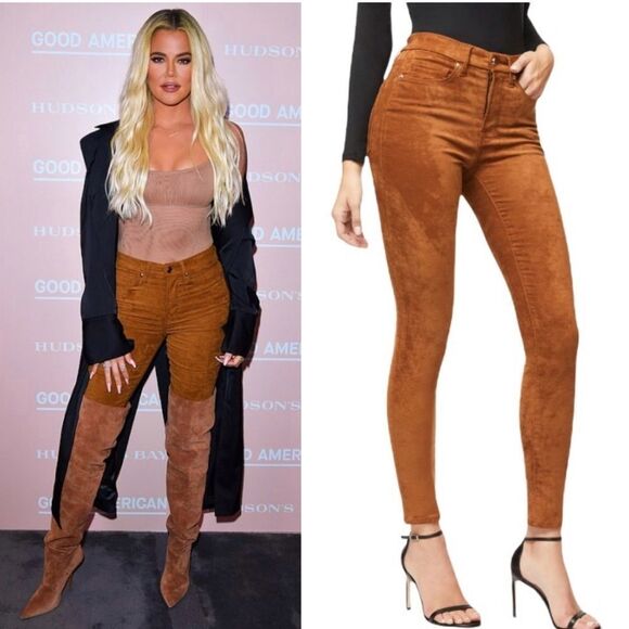 🆕 GOOD AMERICAN  Good waist suede like stretch jeans in tobacco.  NWT - Picture 6 of 7